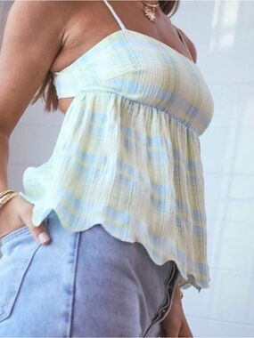 Light Blue and Yellow Striped Spaghetti Strap Babydoll Tank Top